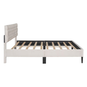 HomeRoots Beige Tufted Linen Queen Bed Frame – Elegant Modern Design with Durable Support & Cozy Comfort 590647