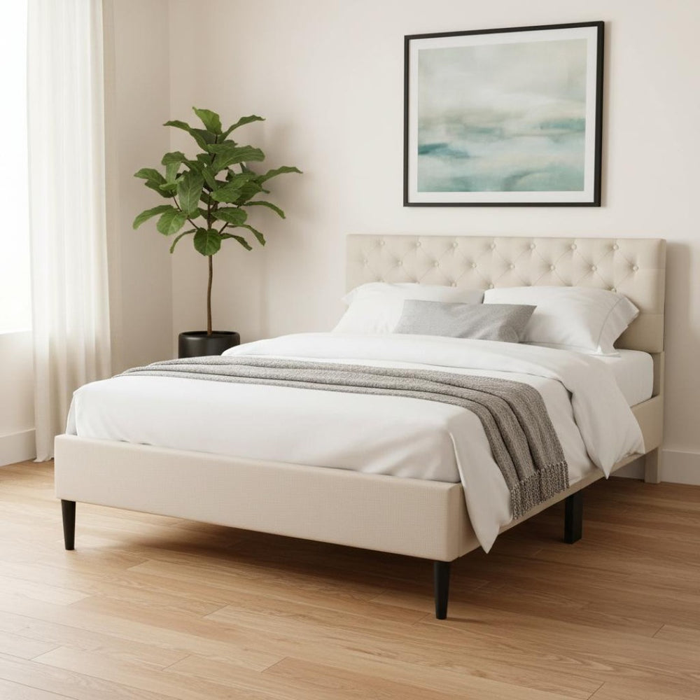 HomeRoots Beige Tufted Linen Upholstered Twin Bed Frame - Modern Comfort, Stylish Design for Serene Sleep Spaces 590649