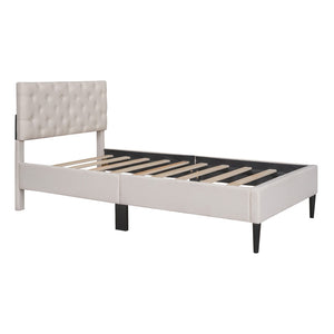 HomeRoots Beige Tufted Linen Upholstered Twin Bed Frame - Modern Comfort, Stylish Design for Serene Sleep Spaces 590649