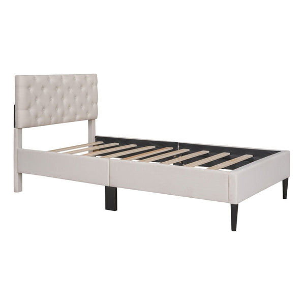 HomeRoots Beige Tufted Linen Upholstered Twin Bed Frame - Modern Comfort, Stylish Design for Serene Sleep Spaces 590649