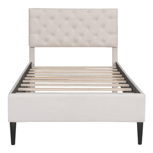 HomeRoots Beige Tufted Linen Upholstered Twin Bed Frame - Modern Comfort, Stylish Design for Serene Sleep Spaces 590649