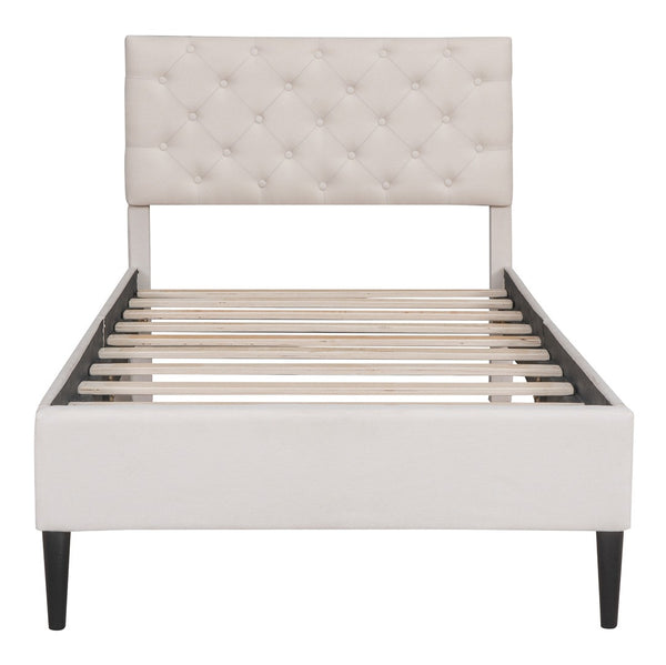 HomeRoots Beige Tufted Linen Upholstered Twin Bed Frame - Modern Comfort, Stylish Design for Serene Sleep Spaces 590649