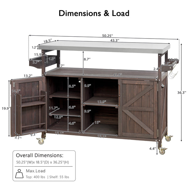 English Elm K&K Outdoor Kitchen Island Rolling Bar Cart with 1.2" Stainless Steel Top, Ample Storage, Wheels and Spice Rack Dark Brown WF532198AAZ