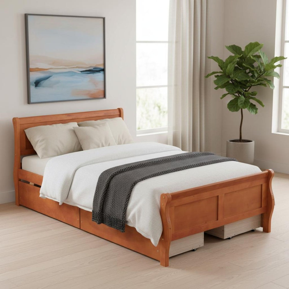 HomeRoots Oak Solid Twin Bed Frame with Built-In Drawers for Smart Storage & Modern Style - Durable Design 590653