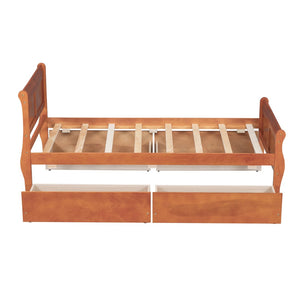 HomeRoots Oak Solid Twin Bed Frame with Built-In Drawers for Smart Storage & Modern Style - Durable Design 590653