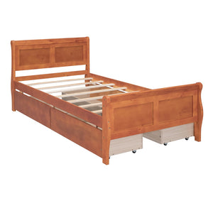 HomeRoots Oak Solid Twin Bed Frame with Built-In Drawers for Smart Storage & Modern Style - Durable Design 590653