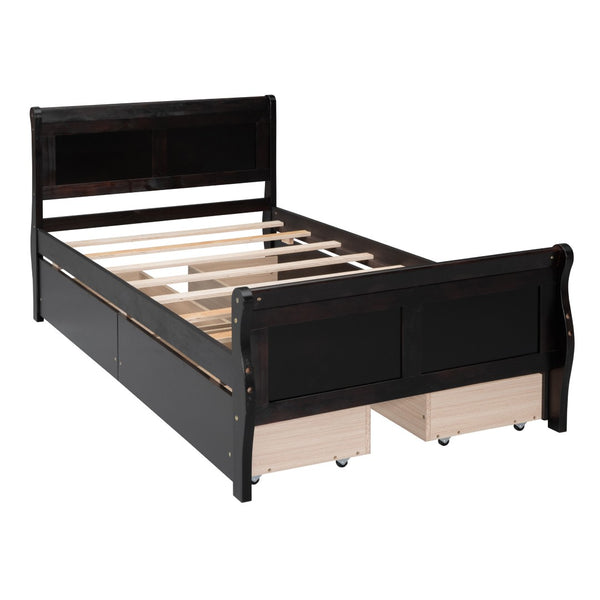 HomeRoots Espresso Wood Twin Bed Frame with Storage Drawers – Modern Design, Durable Support, Space-Saving Solution 590657