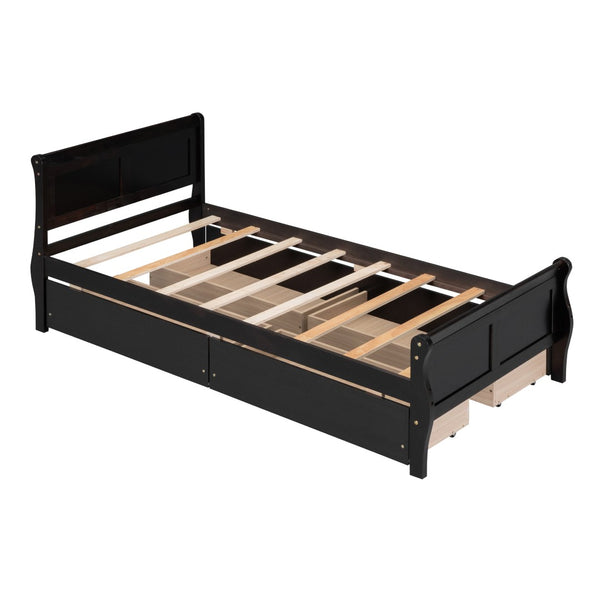 HomeRoots Espresso Wood Twin Bed Frame with Storage Drawers – Modern Design, Durable Support, Space-Saving Solution 590657