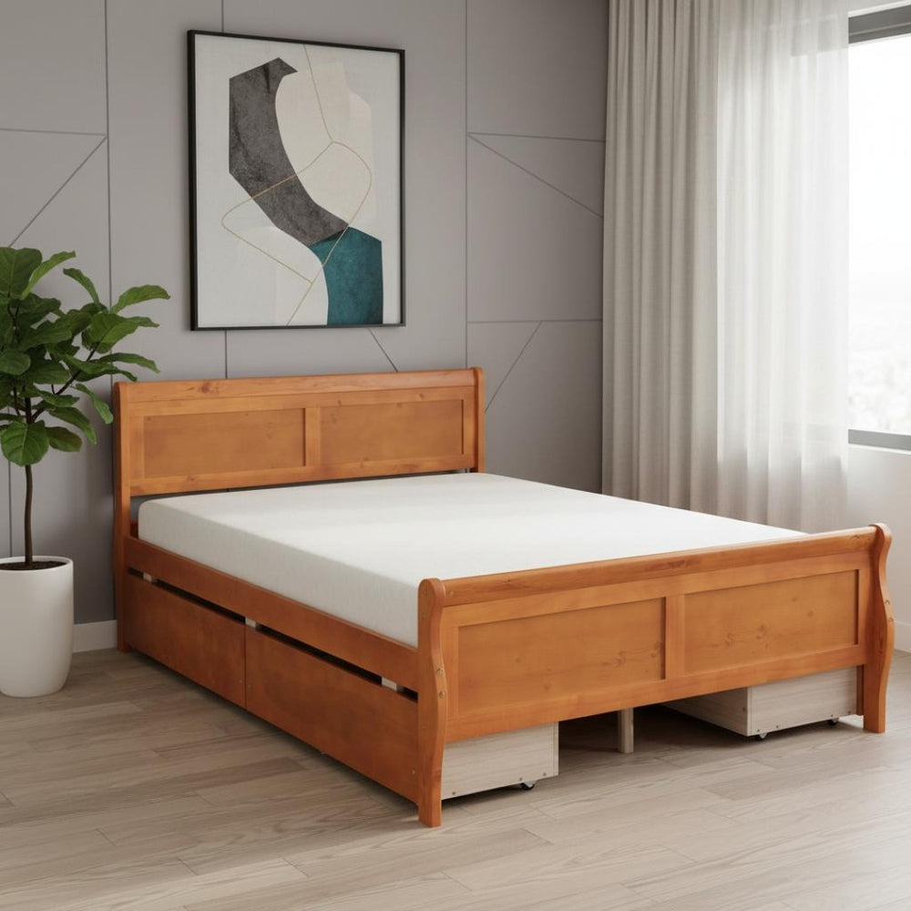HomeRoots Oak Wood Full Bed Frame with Integrated Storage Drawers - Modern Design for Ultimate Comfort & Support 590659