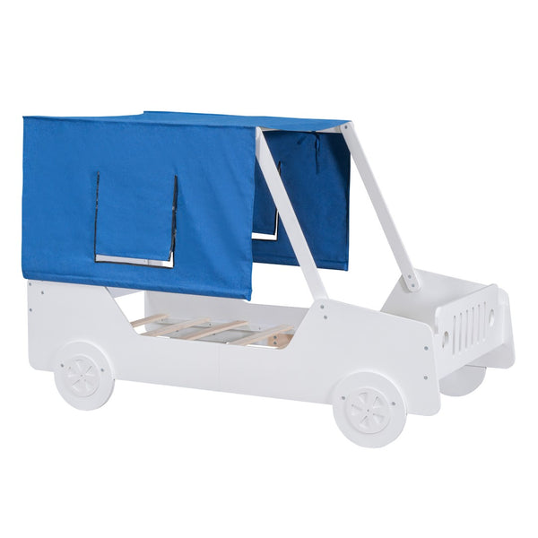 HomeRoots White Wood Twin Car Bed - Stylish, Durable Design with Sturdy Support System for Kids' Comfort & Fun 590665