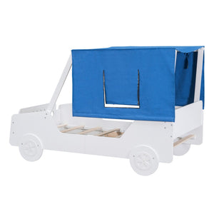 HomeRoots White Wood Twin Car Bed - Stylish, Durable Design with Sturdy Support System for Kids' Comfort & Fun 590665