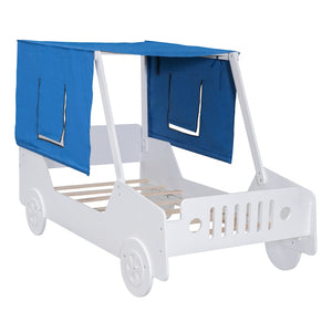 HomeRoots White Wood Twin Car Bed - Stylish, Durable Design with Sturdy Support System for Kids' Comfort & Fun 590665
