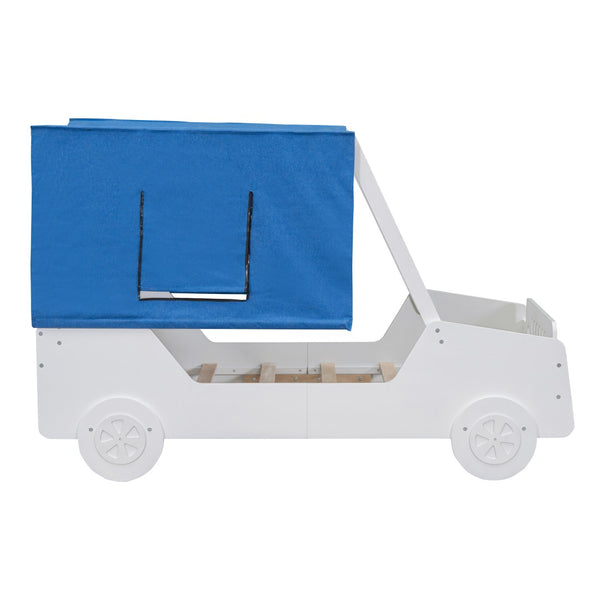 HomeRoots White Wood Twin Car Bed - Stylish, Durable Design with Sturdy Support System for Kids' Comfort & Fun 590665