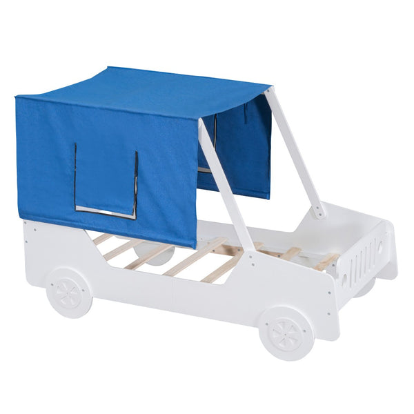 HomeRoots White Wood Twin Car Bed - Stylish, Durable Design with Sturdy Support System for Kids' Comfort & Fun 590665