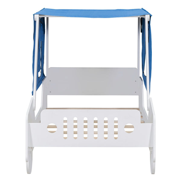 HomeRoots White Wood Twin Car Bed - Stylish, Durable Design with Sturdy Support System for Kids' Comfort & Fun 590665