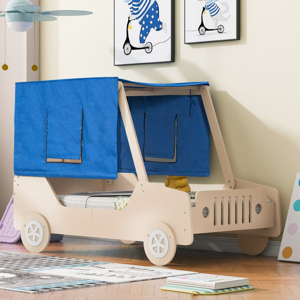 HomeRoots Natural Wood Twin Car Bed – Playful Automotive Design, Durable Construction, Easy Assembly & Supportive Slats 590667