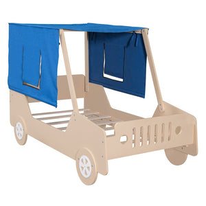 HomeRoots Natural Wood Twin Car Bed – Playful Automotive Design, Durable Construction, Easy Assembly & Supportive Slats 590667