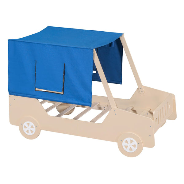 HomeRoots Natural Wood Twin Car Bed – Playful Automotive Design, Durable Construction, Easy Assembly & Supportive Slats 590667