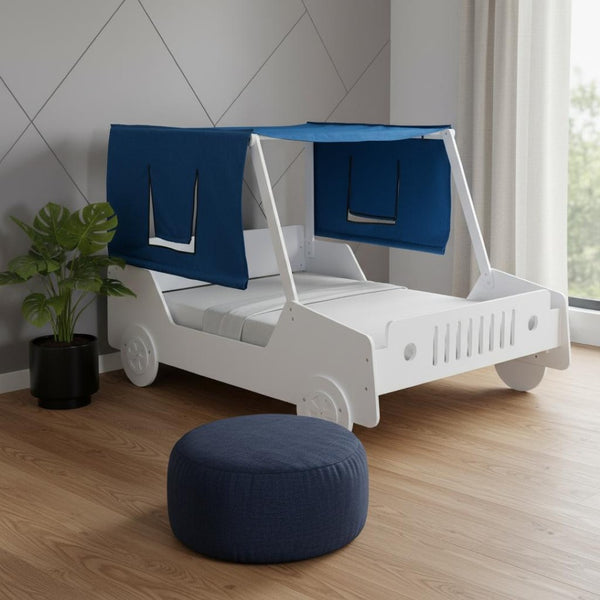 HomeRoots White Wood Full Car Bed - Modern Playful Design for Kids, Durable, Cozy Sleep Space, Easy Setup 590669