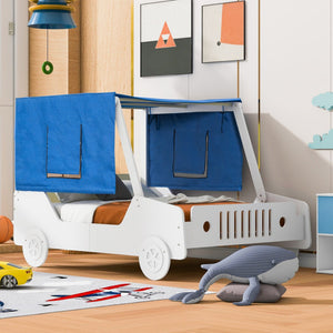 HomeRoots White Wood Full Car Bed - Modern Playful Design for Kids, Durable, Cozy Sleep Space, Easy Setup 590669