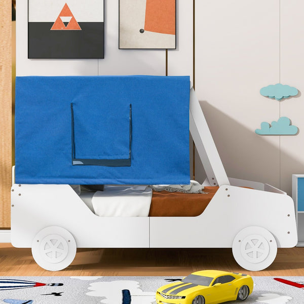 HomeRoots White Wood Full Car Bed - Modern Playful Design for Kids, Durable, Cozy Sleep Space, Easy Setup 590669
