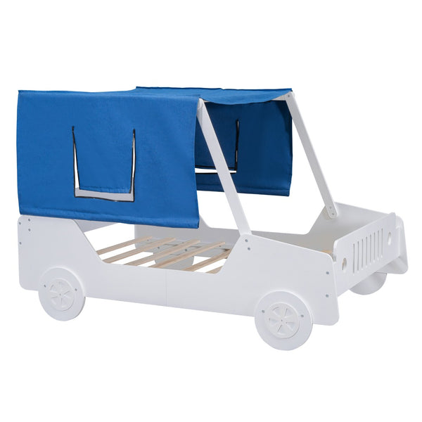 HomeRoots White Wood Full Car Bed - Modern Playful Design for Kids, Durable, Cozy Sleep Space, Easy Setup 590669