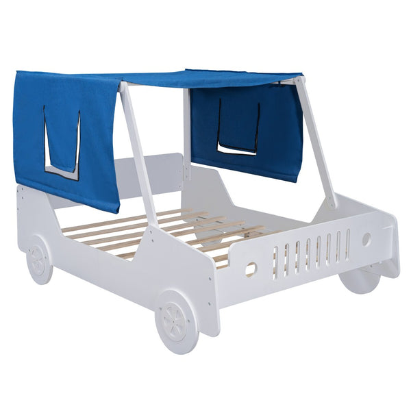 HomeRoots White Wood Full Car Bed - Modern Playful Design for Kids, Durable, Cozy Sleep Space, Easy Setup 590669
