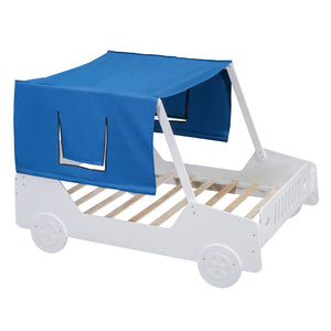 HomeRoots White Wood Full Car Bed - Modern Playful Design for Kids, Durable, Cozy Sleep Space, Easy Setup 590669