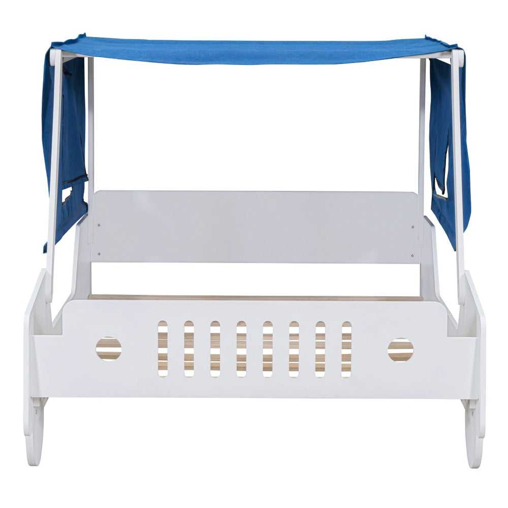 HomeRoots White Wood Full Car Bed - Modern Playful Design for Kids, Durable, Cozy Sleep Space, Easy Setup 590669
