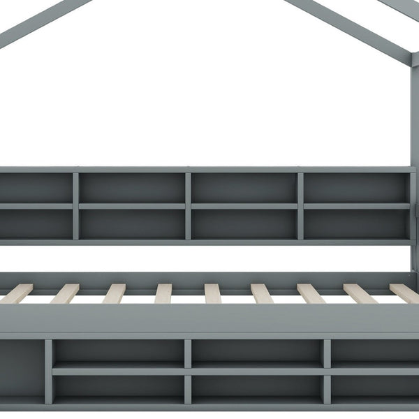 HomeRoots Gray Wood Full House Bed – Modern, Sturdy Platform Frame with Slatted Support for Comfort & Style 590674