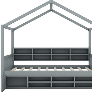 HomeRoots Gray Wood Full House Bed – Modern, Sturdy Platform Frame with Slatted Support for Comfort & Style 590674