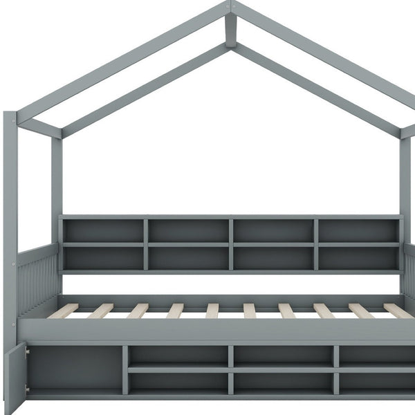 HomeRoots Gray Wood Full House Bed – Modern, Sturdy Platform Frame with Slatted Support for Comfort & Style 590674