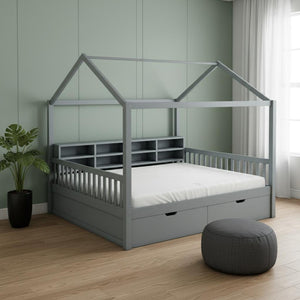 HomeRoots Gray Wood Full House Bed – Modern, Sturdy Platform Frame with Slatted Support for Comfort & Style 590674