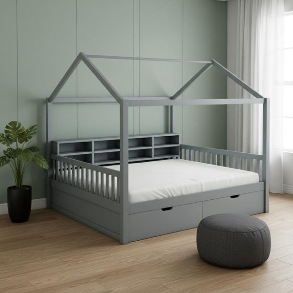 HomeRoots Gray Wood Full House Bed – Modern, Sturdy Platform Frame with Slatted Support for Comfort & Style 590674