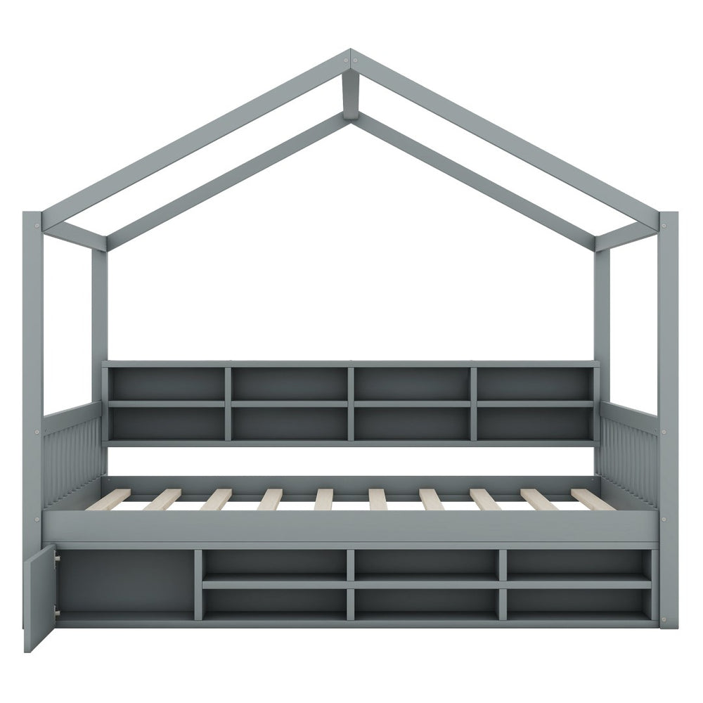 HomeRoots Gray Wood Full House Bed – Modern, Sturdy Platform Frame with Slatted Support for Comfort & Style 590674