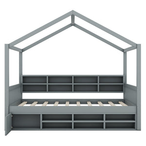 HomeRoots Gray Wood Full House Bed – Modern, Sturdy Platform Frame with Slatted Support for Comfort & Style 590674