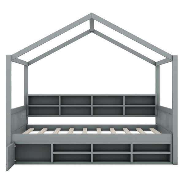 HomeRoots Gray Wood Full House Bed – Modern, Sturdy Platform Frame with Slatted Support for Comfort & Style 590674