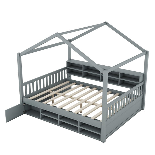 HomeRoots Gray Wood Full House Bed – Modern, Sturdy Platform Frame with Slatted Support for Comfort & Style 590674