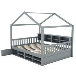 HomeRoots Gray Wood Full House Bed – Modern, Sturdy Platform Frame with Slatted Support for Comfort & Style 590674