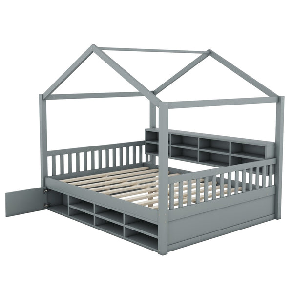HomeRoots Gray Wood Full House Bed – Modern, Sturdy Platform Frame with Slatted Support for Comfort & Style 590674