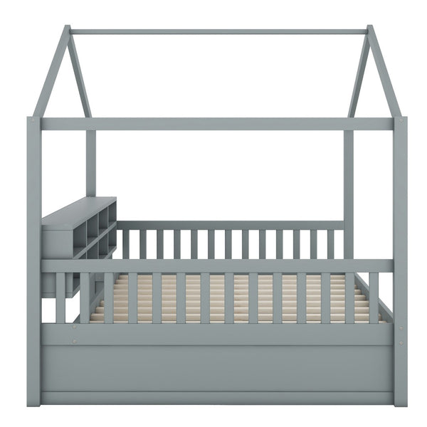 HomeRoots Gray Wood Full House Bed – Modern, Sturdy Platform Frame with Slatted Support for Comfort & Style 590674