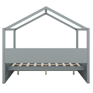 HomeRoots Gray Wood Full House Bed – Modern, Sturdy Platform Frame with Slatted Support for Comfort & Style 590674