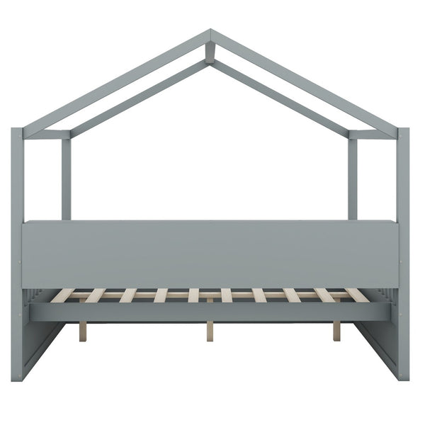 HomeRoots Gray Wood Full House Bed – Modern, Sturdy Platform Frame with Slatted Support for Comfort & Style 590674