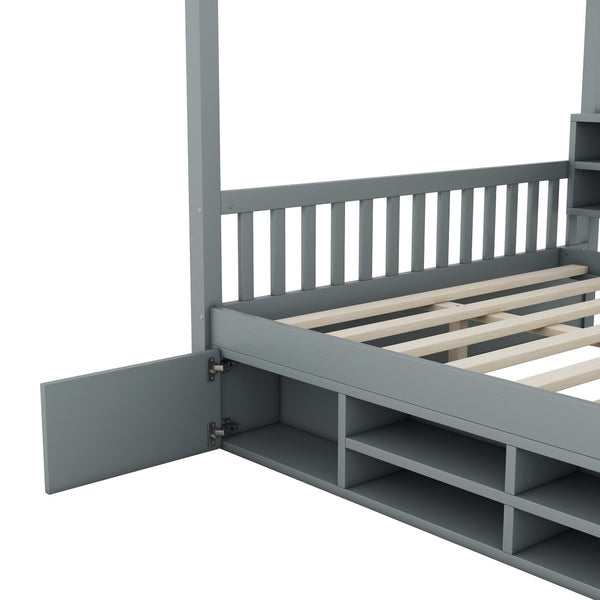 HomeRoots Gray Wood Full House Bed – Modern, Sturdy Platform Frame with Slatted Support for Comfort & Style 590674