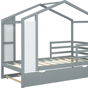 HomeRoots Gray Wood Twin House Bed with Trundle – Cozy, Stylish Design for Kids' Rooms & Sleepovers, Sturdy Support 590675