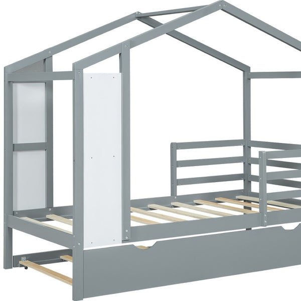 HomeRoots Gray Wood Twin House Bed with Trundle – Cozy, Stylish Design for Kids' Rooms & Sleepovers, Sturdy Support 590675
