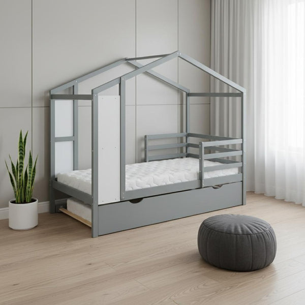HomeRoots Gray Wood Twin House Bed with Trundle – Cozy, Stylish Design for Kids' Rooms & Sleepovers, Sturdy Support 590675