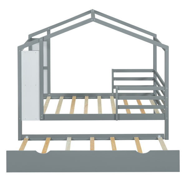 HomeRoots Gray Wood Twin House Bed with Trundle – Cozy, Stylish Design for Kids' Rooms & Sleepovers, Sturdy Support 590675