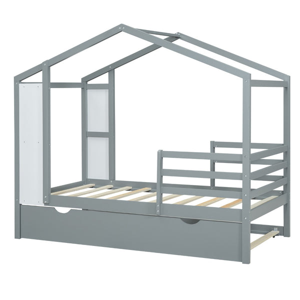 HomeRoots Gray Wood Twin House Bed with Trundle – Cozy, Stylish Design for Kids' Rooms & Sleepovers, Sturdy Support 590675