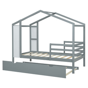 HomeRoots Gray Wood Twin House Bed with Trundle – Cozy, Stylish Design for Kids' Rooms & Sleepovers, Sturdy Support 590675